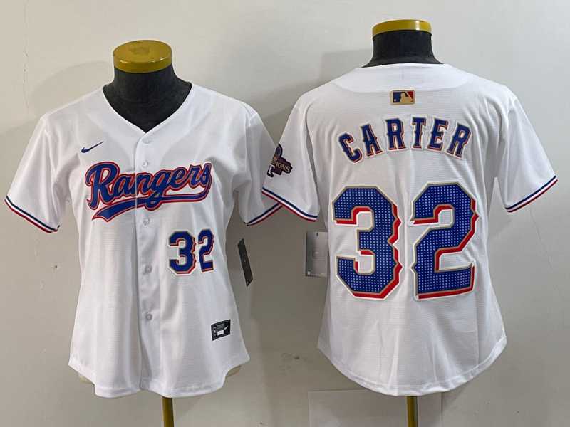 Womens Texas Rangers #32 Evan Carter Number White 2024 Gold Collection Limited Cool Base Jersey